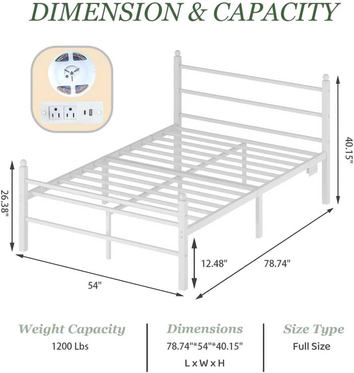 Jenmit Full Size Bed Frame with Charging Station & LED Lights,Full Metal Platform Bed Frame with Headboard and Footboard, Storage Space Under Bed,No Box Spring Needed,Noise Free, Easy Assembly, White