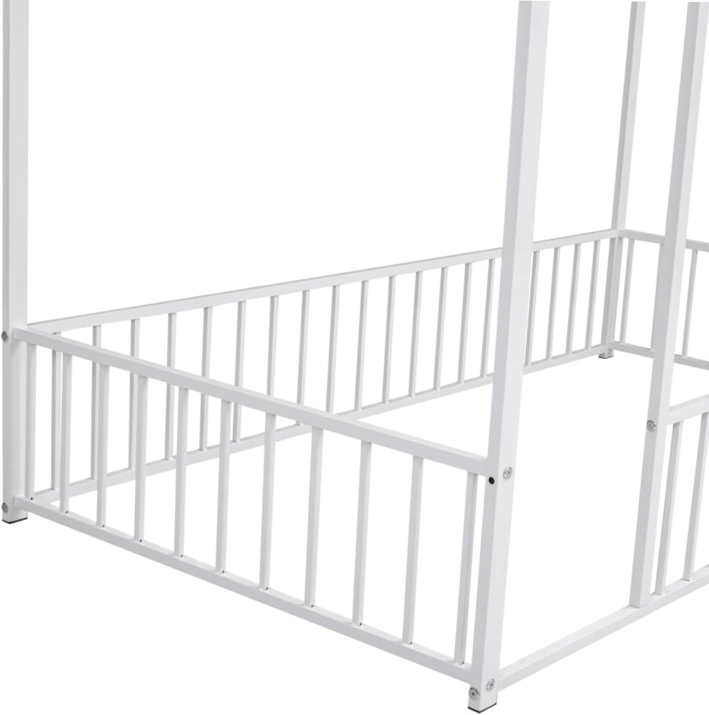 Bellemave Twin Size House Floor Montessori Bedframe with Rails and roof, Metal House Bed for Kids, Montessori Floor Beds for Kids, White