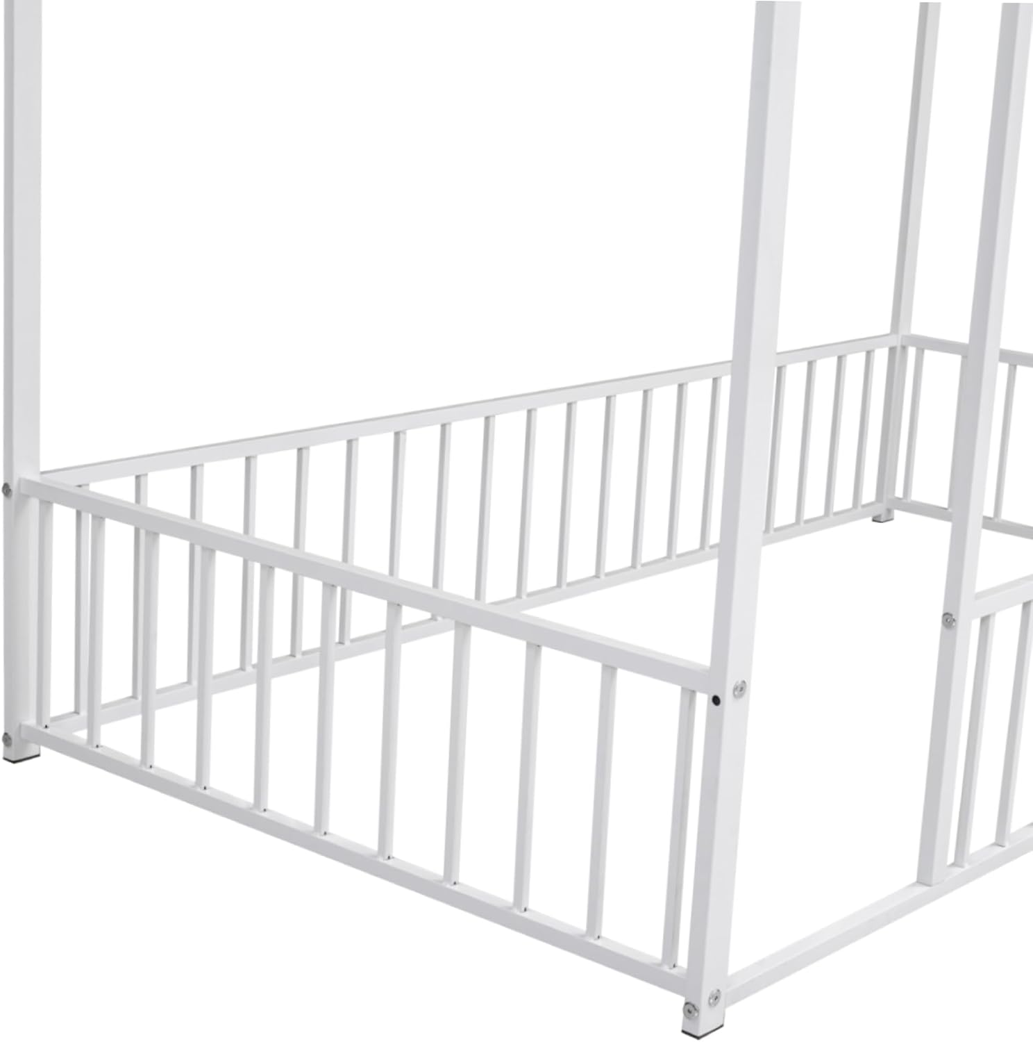 Bellemave Twin Size House Floor Montessori Bedframe with Rails and roof, Metal House Bed for Kids, Montessori Floor Beds for Kids, White