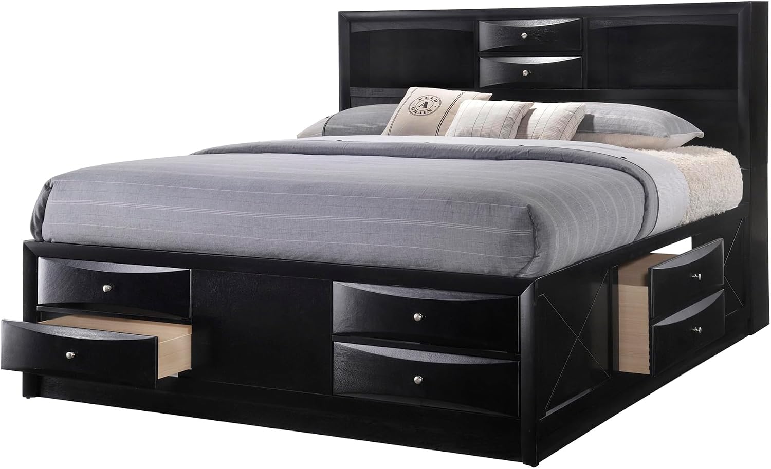 GOWE 1pc Contemporary King Captains Platform Bed Bookcase Shelves Headboard Side Storage Solid Wood Wooden Bedroom Furniture Black Finish