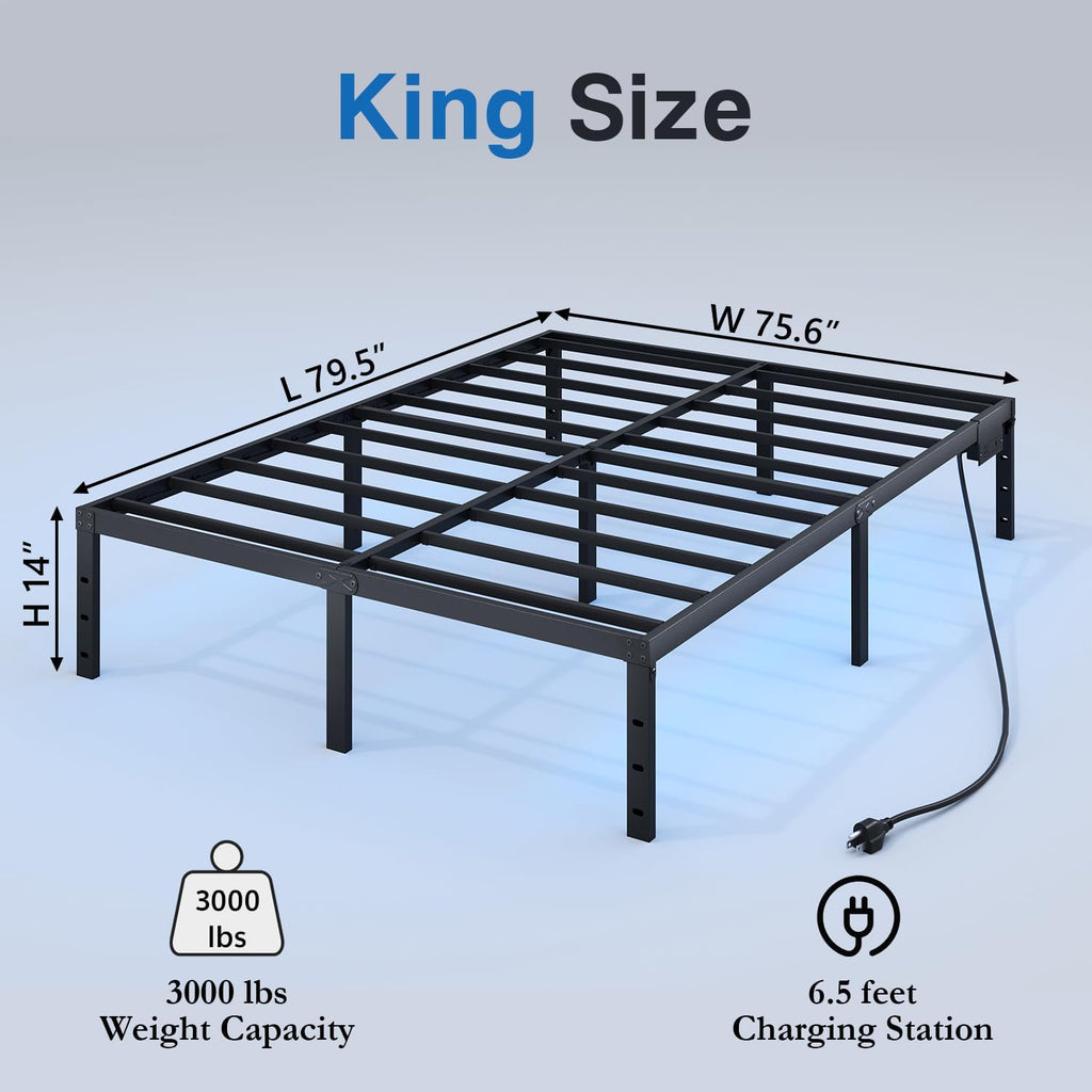 HAVONIZD King Bed Frame with LED Lights & Charging Station - 14 Inch Heavy Duty Metal Platform Bed Frame No Box Spring Needed, Easy Assembly, No Noise