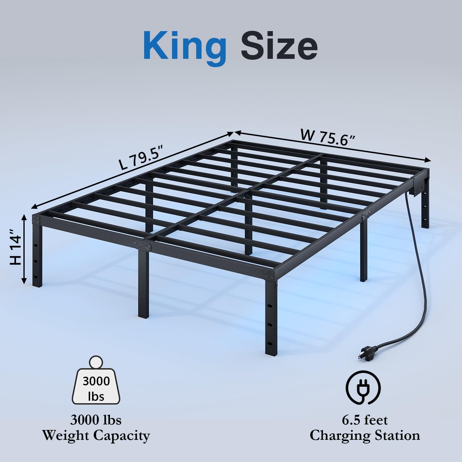 HAVONIZD King Bed Frame with LED Lights & Charging Station - 14 Inch Heavy Duty Metal Platform Bed Frame No Box Spring Needed, Easy Assembly, No Noise