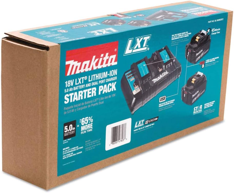 Makita BL1850B2DC2 18V LXT® Lithium-Ion Battery and Dual Port Charger Starter Pack (5.0Ah)