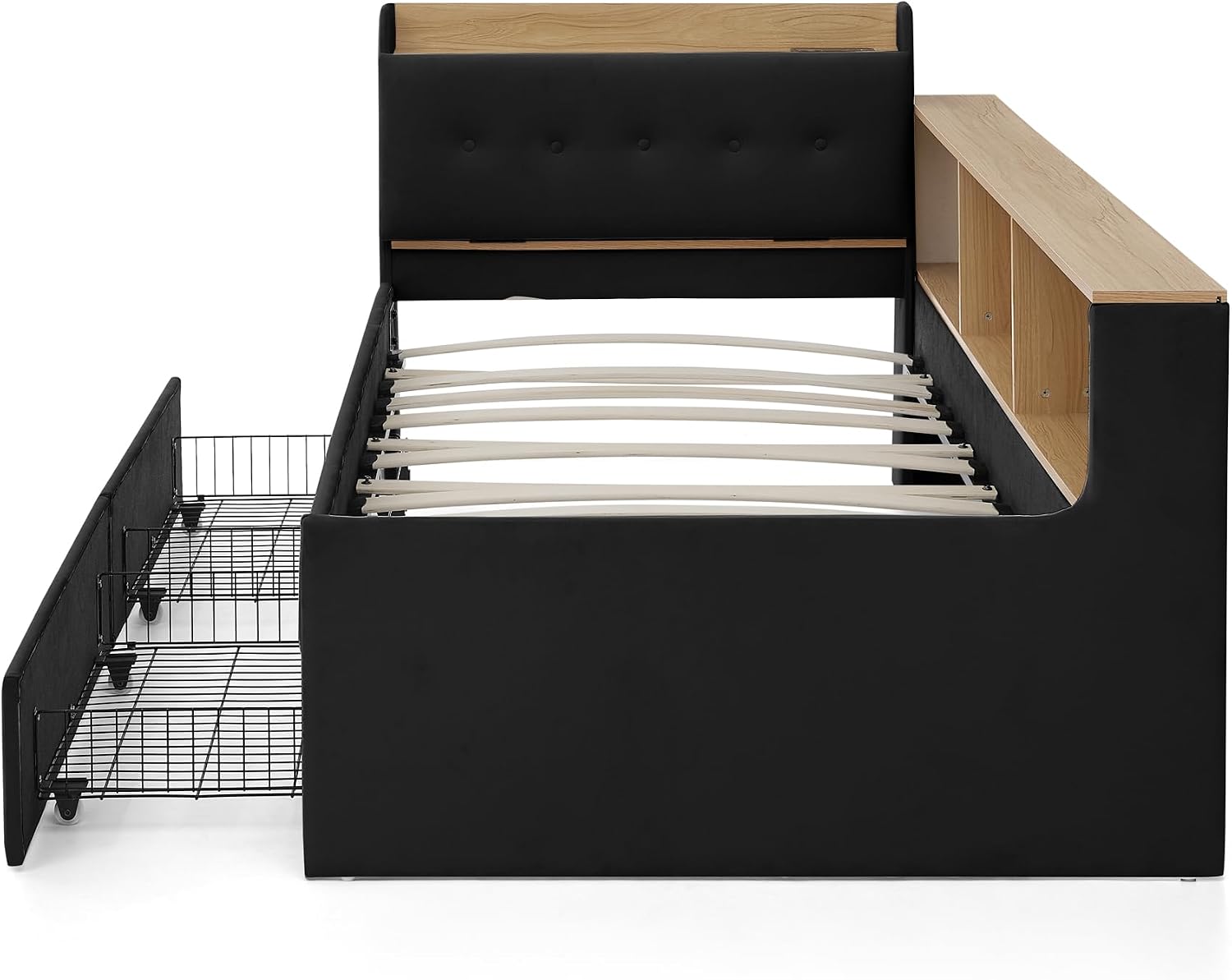 Corner Bed with Desk and Bookcase, LED Lights & USB Ports, Modern Twin Daybed with Storage Underneath Drawers, Soft Velvet Upholstered Day Bed Kids Bedroom Furniture Set Small Places (Black, Twin)