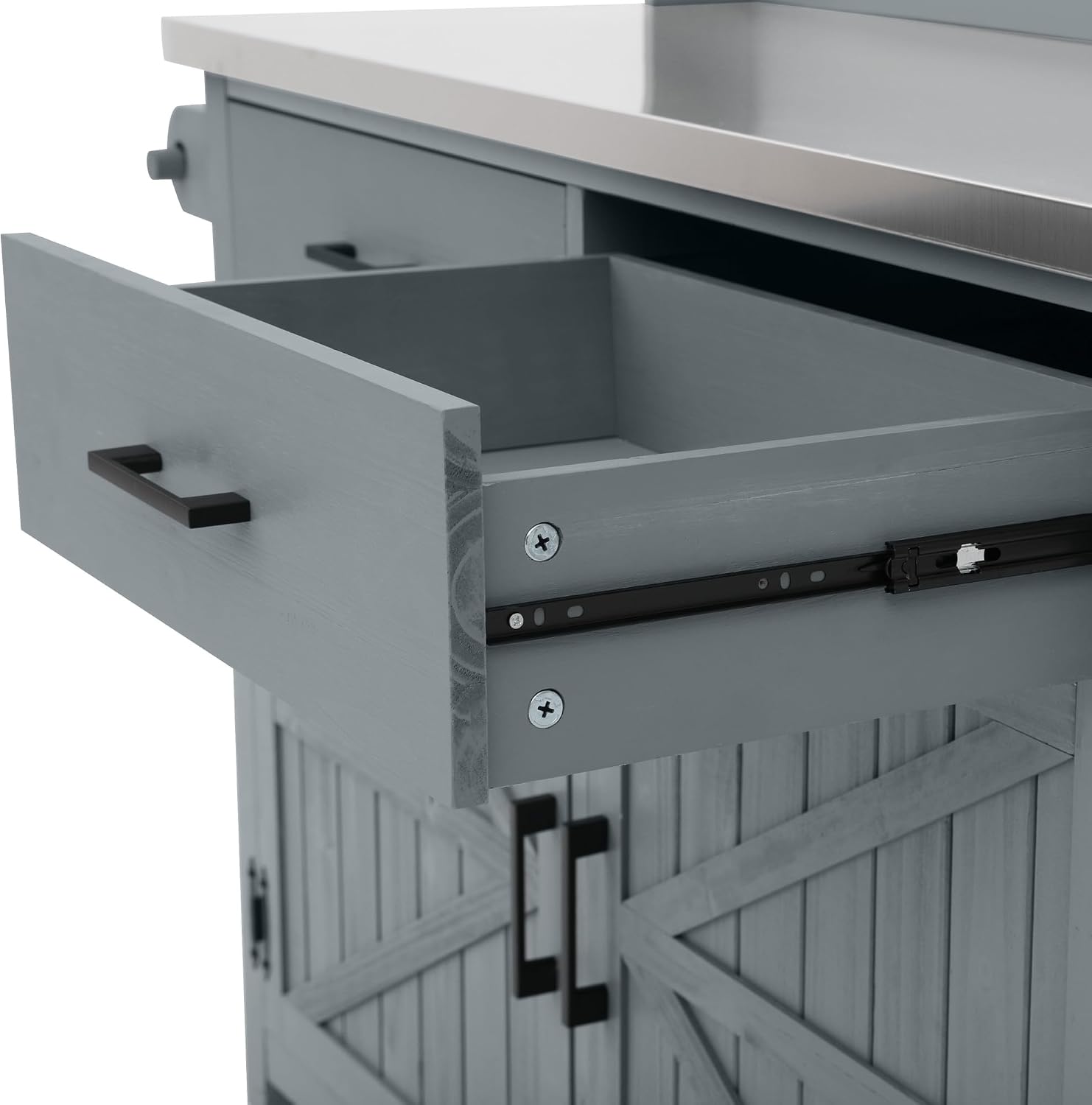 K&K 54.1' Outdoor Kitchen Island, Solid Wood Grill Cart with Stainless Steel Top, High Shelf, Storage Cabinet & Lockable Wheels, Outdoor Potting Bench Table for BBQ Garden, Grey/Blue, Grey+Blue