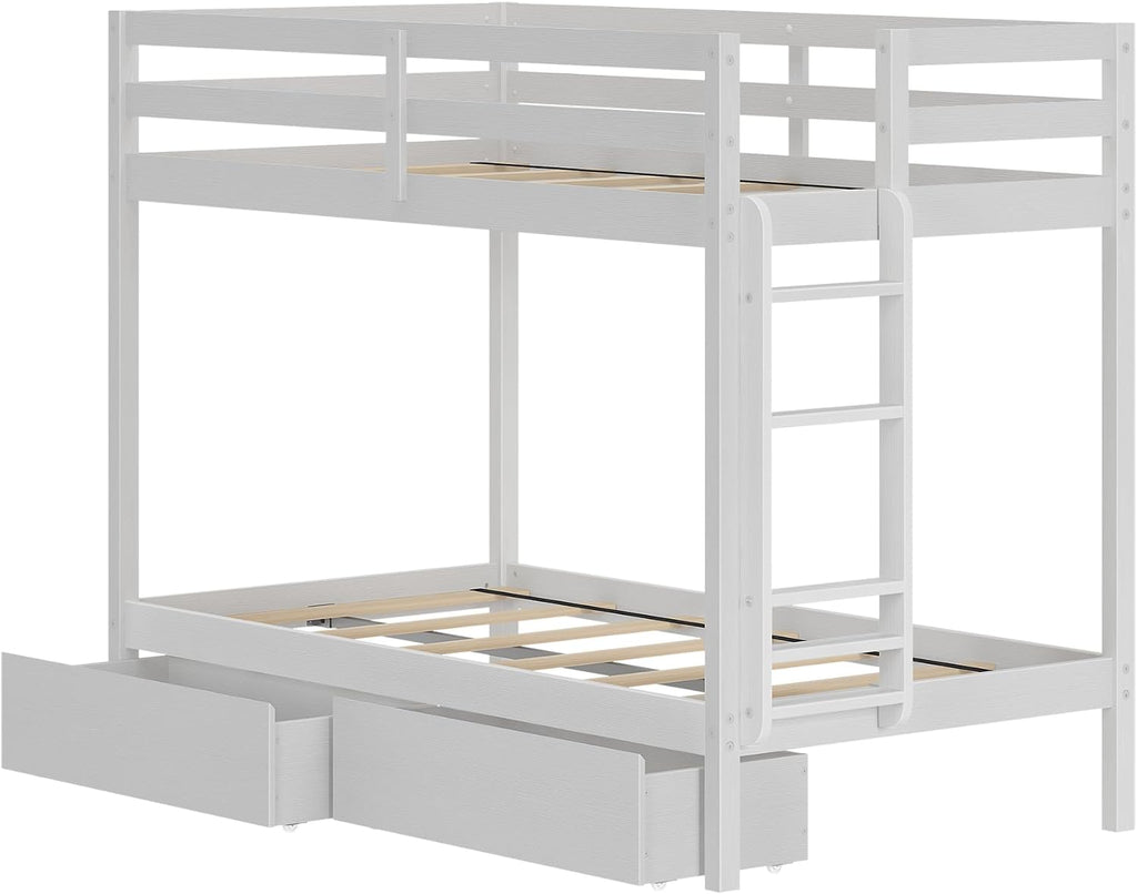 Grain & Grove Bear Twin Over Twin Bunk Bed with Storage Drawers, Sturdy Bunk Bed Frame for Kids, Plywood Bunk with Ladder, Guardrail, and Slats, No Box Spring Required, Brush White