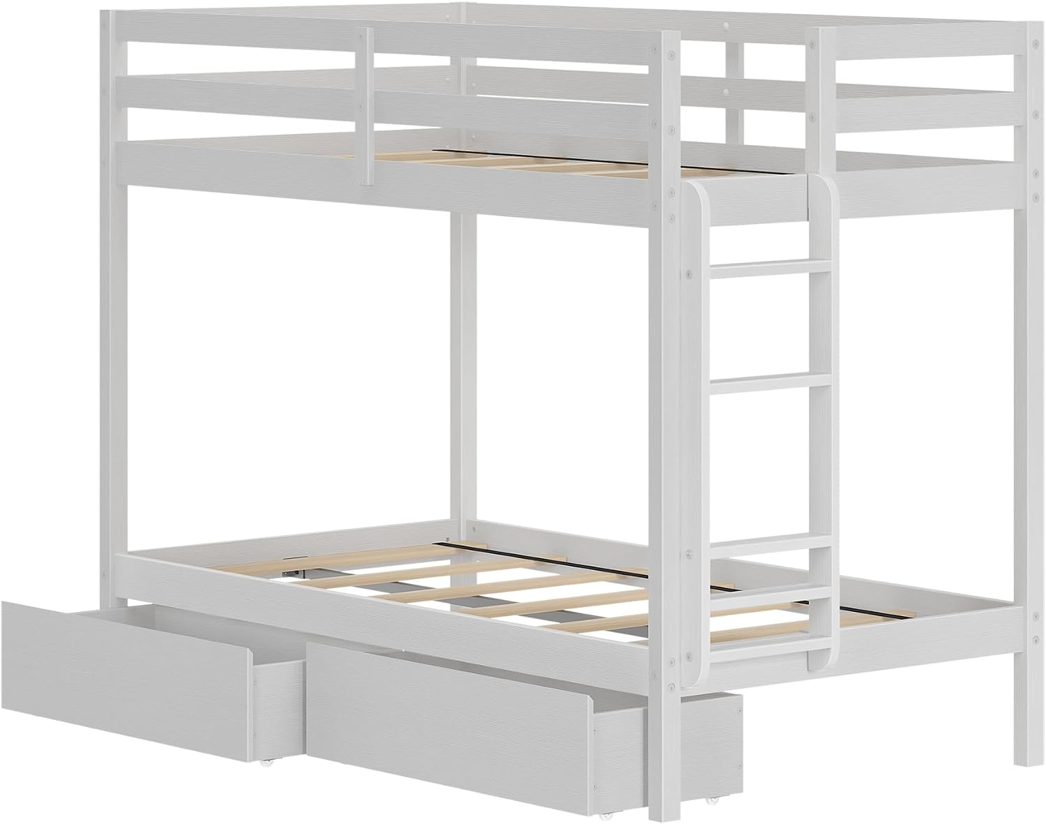 Grain & Grove Bear Twin Over Twin Bunk Bed with Storage Drawers, Sturdy Bunk Bed Frame for Kids, Plywood Bunk with Ladder, Guardrail, and Slats, No Box Spring Required, Brush White