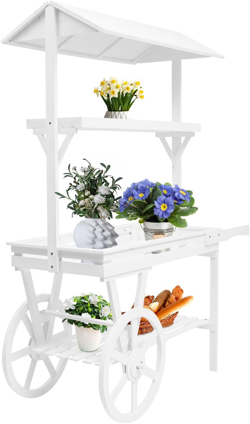 Large Country Market Wooden Rolling Table Cart, Antique Solid Wood Decor Display Rack Cart with Wheels, Rolling Table Carts for Display Various Flowers and Candy (White)
