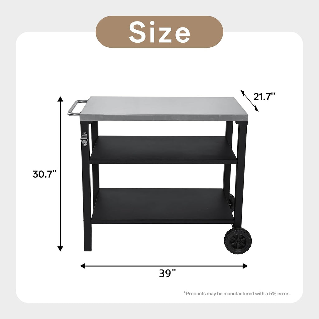 CubisVeta All-in-One Stainless Steel Kitchen Cart - Mobile Workbench with Storage Shelf & Built-in Opener for Indoor Outdoor Cooking, BBQ & Patio (Black and Silver, 39)