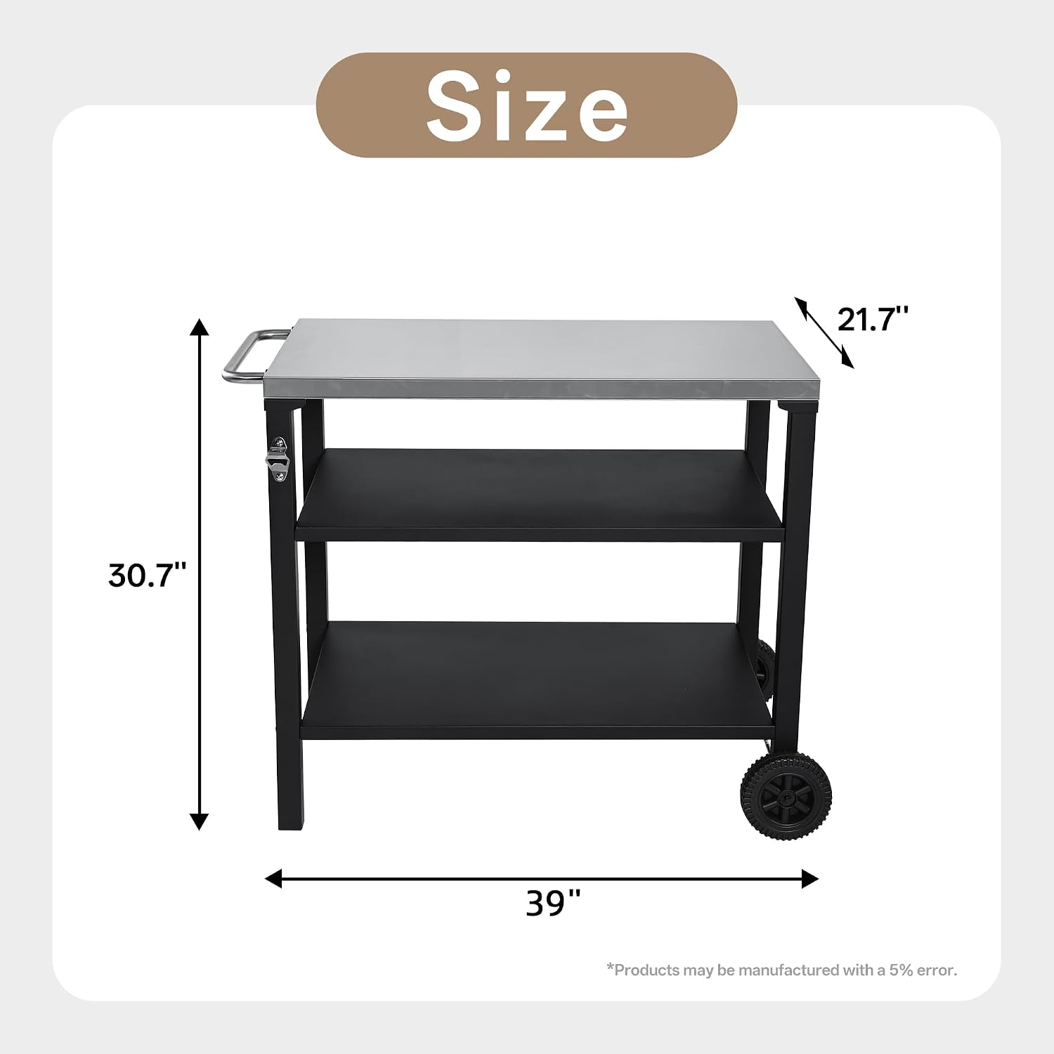 CubisVeta All-in-One Stainless Steel Kitchen Cart - Mobile Workbench with Storage Shelf & Built-in Opener for Indoor Outdoor Cooking, BBQ & Patio (Black and Silver, 39)