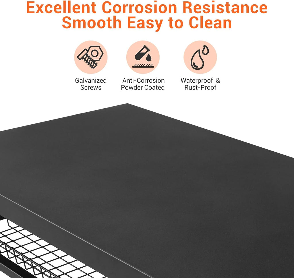 Heavy Duty Outdoor Grill Cart with Wheels - 3-Tier Rolling BBQ Prep Table & Pizza Oven Stand - Storage Shelves, Mesh Rack, Lockable Casters - Black Metal Utility Cart for Patio, Camping