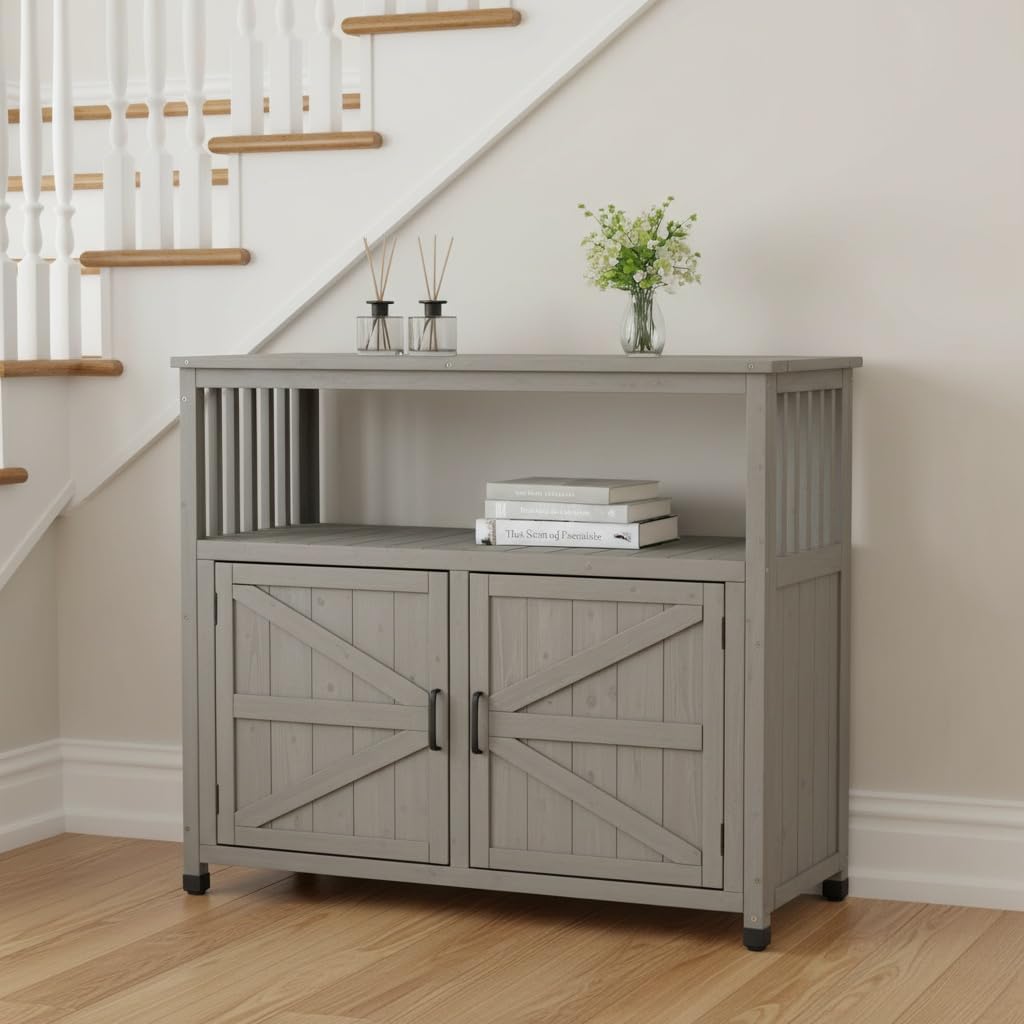 48' Potting Bench with Storage Cabinet, Solid Wood Garden Work Bench, Outdoor Prep Table & Potting Station for Patio, Backyard & BBQ, Grey