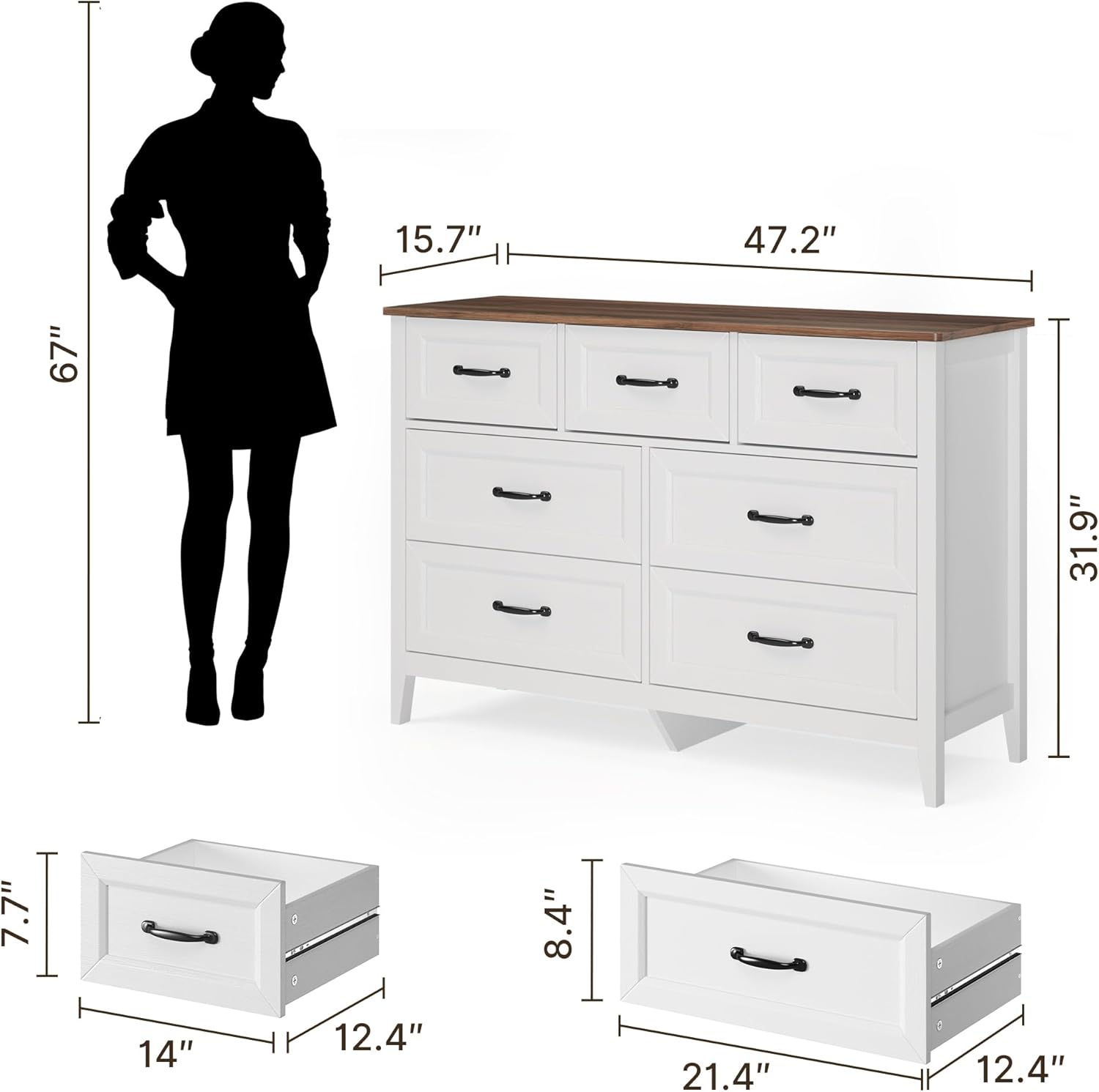 Gizoon Farmhouse 7 Drawers Dresser, White Chest of Drawers with Metal Handles, 47' Wide Wooden Storage Organizer for Bedroom, Hallway, Living Room, Tabletop-Retro