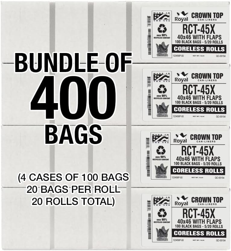 Aluf Plastics RCT-45X Star Sealed Coreless Rolls with E-Z Tie Flap Closure, 45 gal, Polyethylene, 40' x 46', Black (Pack of 400)