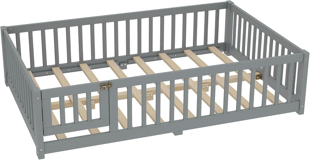 Full Size Floor Bed with Door and Fence for Kids, Montessori Floor Bed with Slats and Safety Guardrails,Solid Wood Floor Bed Frame Full Size for Girls Boys(Full,Gray)