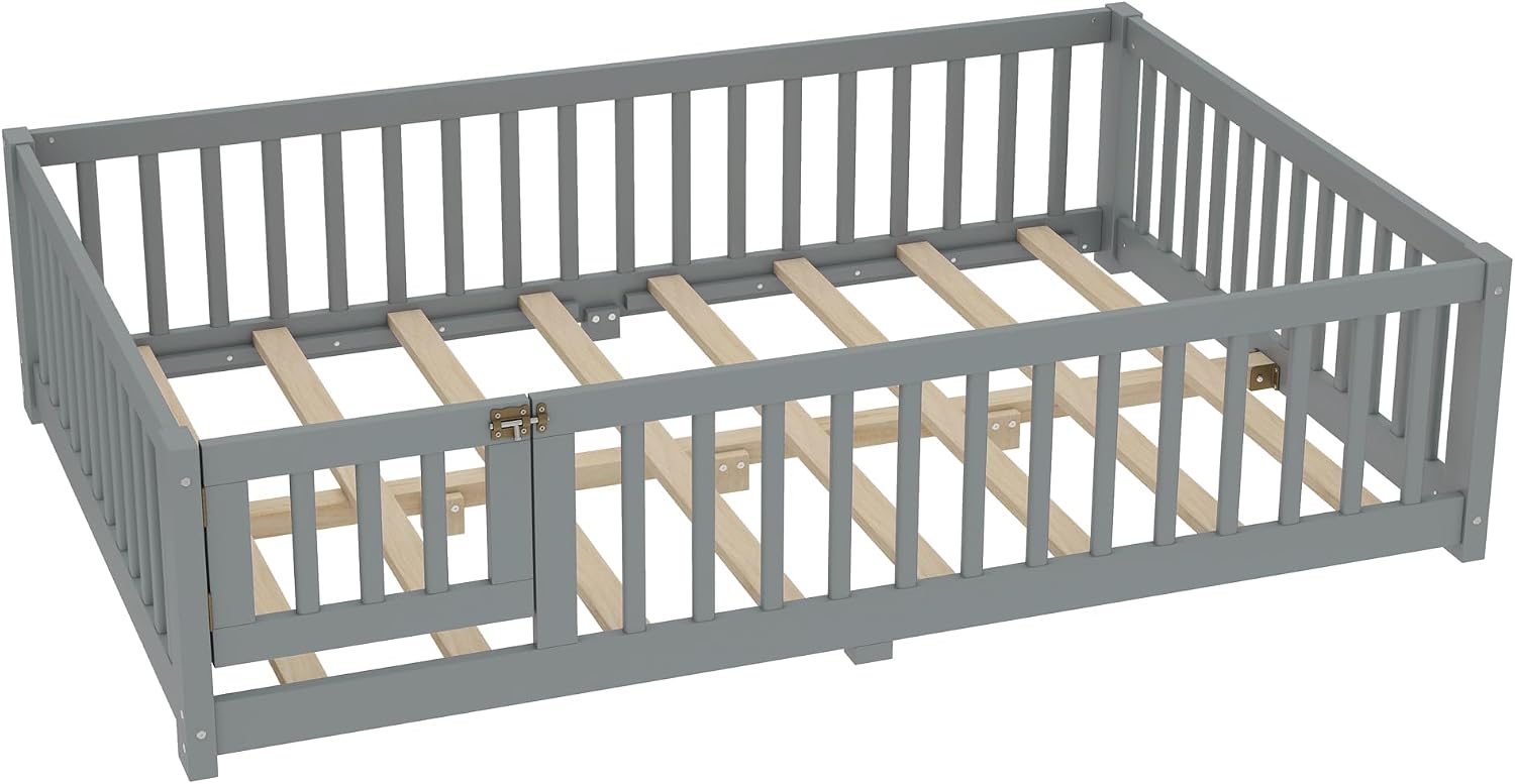 Full Size Floor Bed with Door and Fence for Kids, Montessori Floor Bed with Slats and Safety Guardrails,Solid Wood Floor Bed Frame Full Size for Girls Boys(Full,Gray)