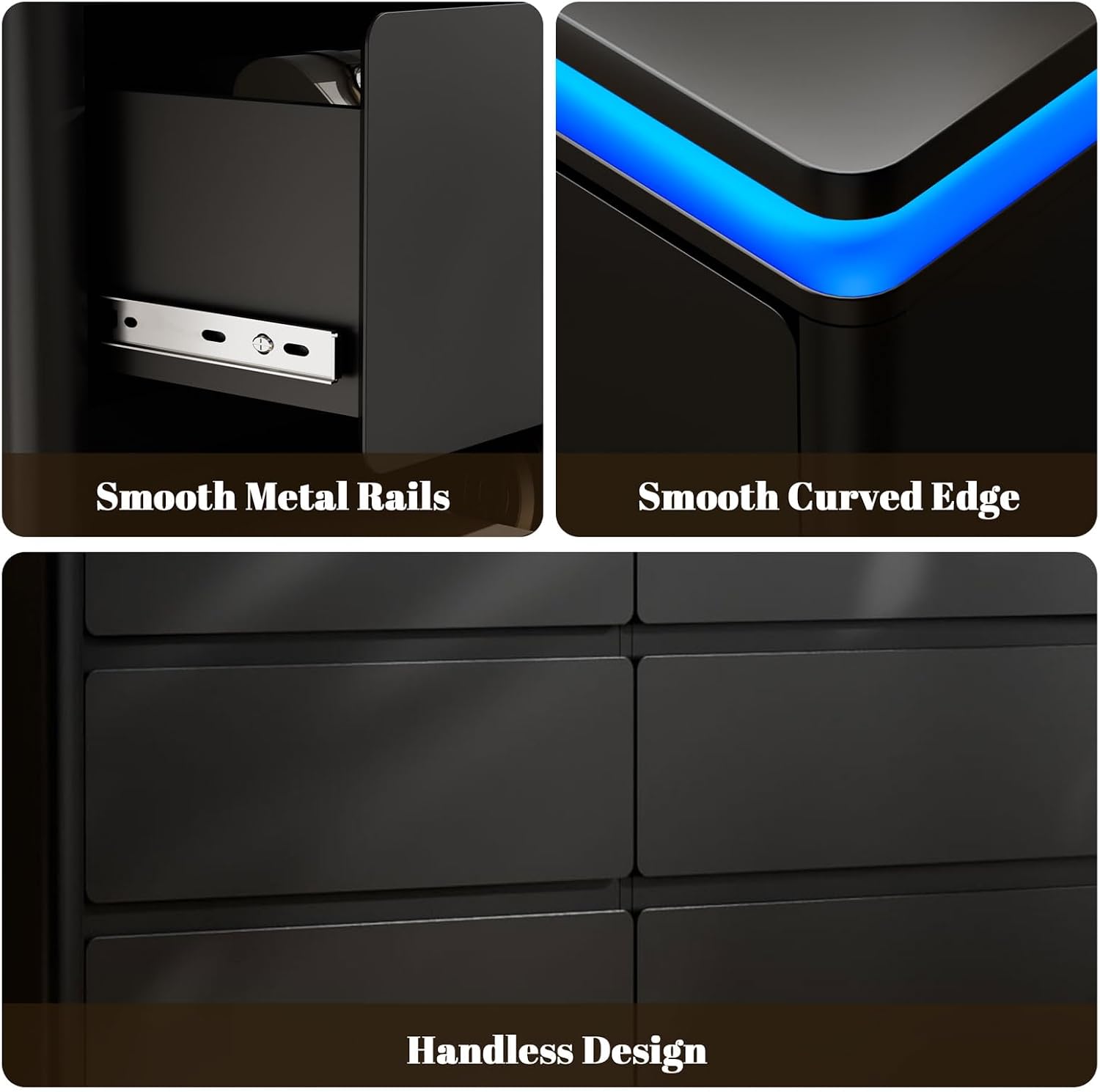 6 Drawer Dresser for Bedroom, 47.2' Long Black Chest of Drawers with Charging Station & LED Lights,Curved Profile Design,Double Wooden Closet Storage Cabinet,Modern Dresser TV Stand with Deep Drawers