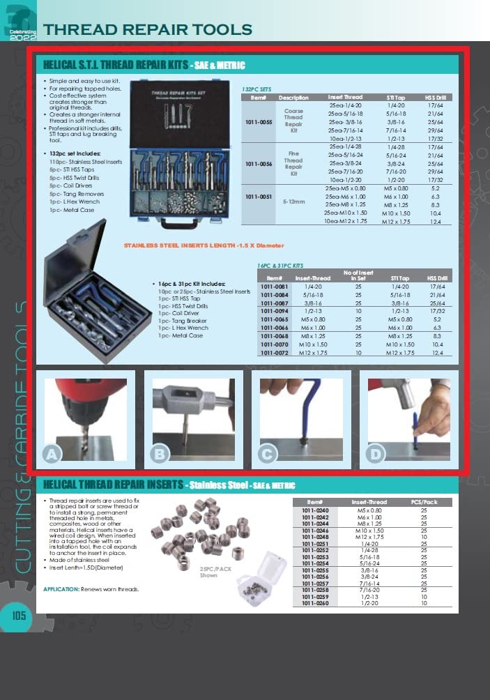 HHIP 1011-0056 Fine Pitch 132 Piece Helical S.T.I. Master Thread Repair Kit
