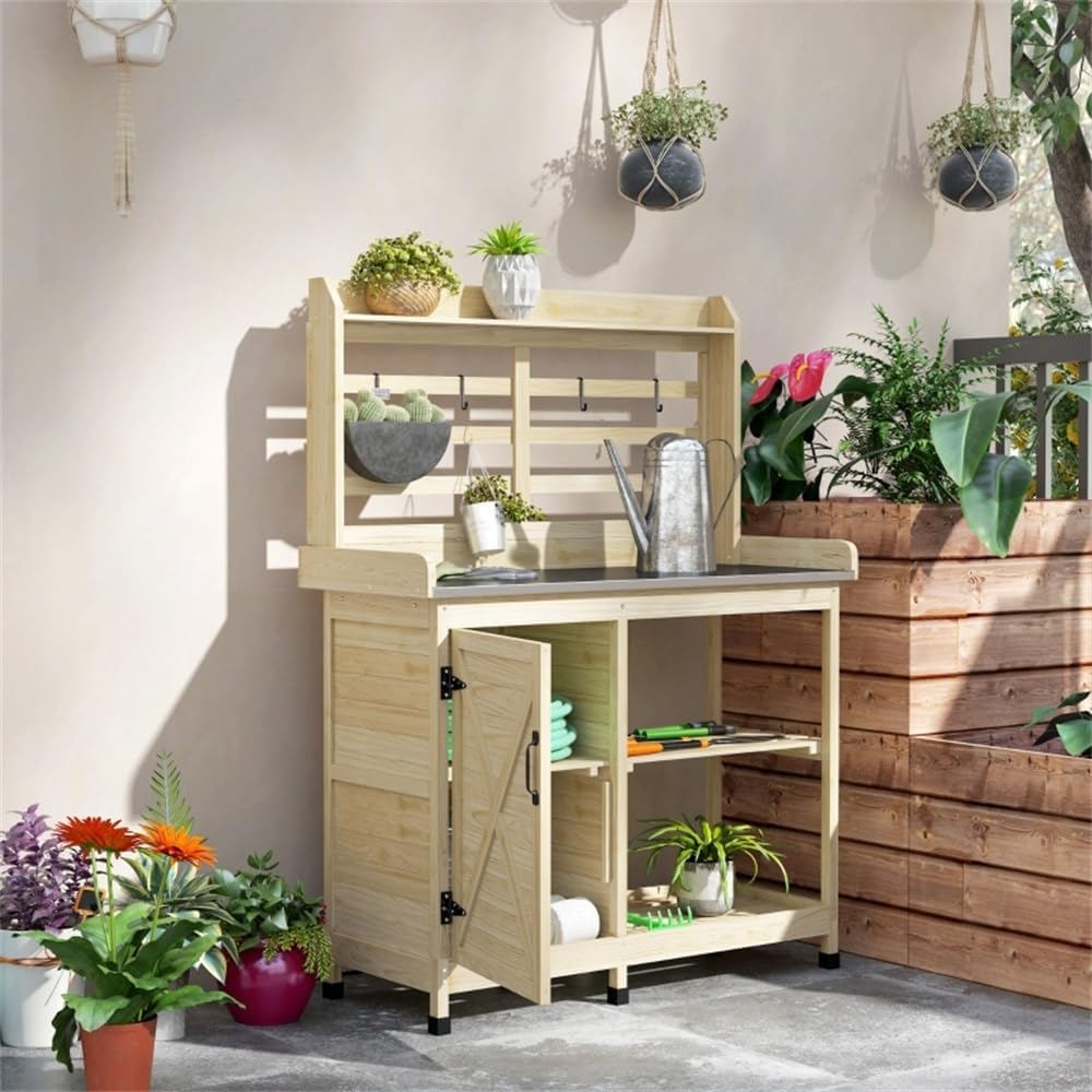 Country Style Outdoor Potting Bench with Storage - Natural Wood Garden Work Table for Planting, Sturdy Fir Wood Potting Station with Shelves & Cabinet, Easy Assembly, Holds 165lbs