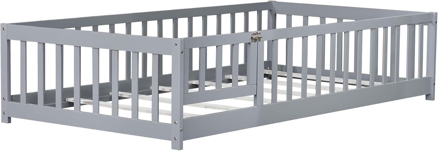 Bellemave Twin Size Floor Bed with Door and Fence for Kids, Montessori Floor Bed with Slats and Safety Guardrails,Solid Wood Twin Bed Frame for Girls Boys(Twin,Gray)