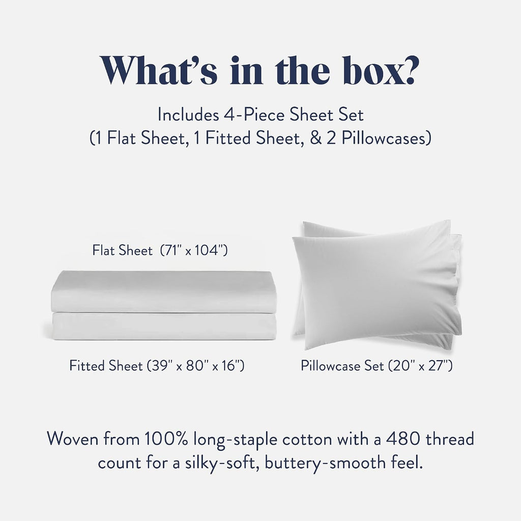 Brooklinen Luxury Sateen 4 Piece Sheet Set - 100% Cotton Bed Sheets, Soft & Durable Twin XL Sheets Set in White, Oeko-TEX Certified Bedding Set, 1 Fitted Sheet, 1 Flat Sheet, 2 Pillowcases
