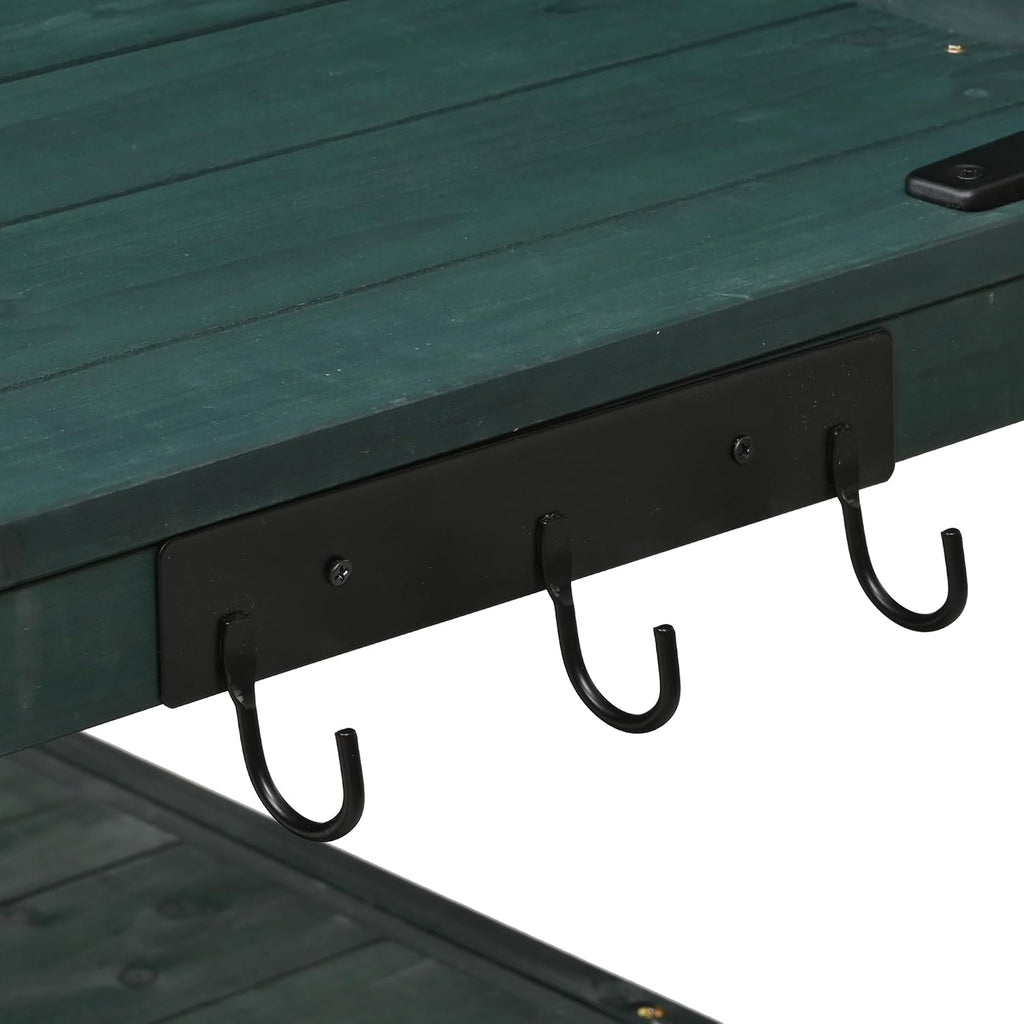 Outdoor Potting Bench Table with Hutch, Solid Wood Garden Workstation with Storage Shelves and Cabinets &Hooks for Lawn Garden, Green