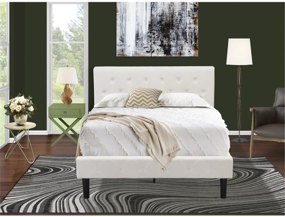 East West Furniture NL19F-1HA12 2 Piece Bedroom Set - Full Size Button Tufted Bed Frame - Linen white Velvet Fabric Upholstered Headboard and a Clover Green Finish Nightstand