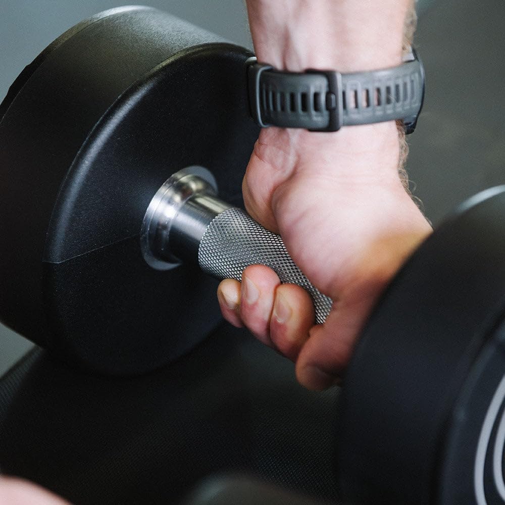 Titan Fitness Round Urethane Dumbbells, Medium Volcano Knurling, 33mm Grip, Easy-to-Read Weight Indicators, Free Weights for Strength Training