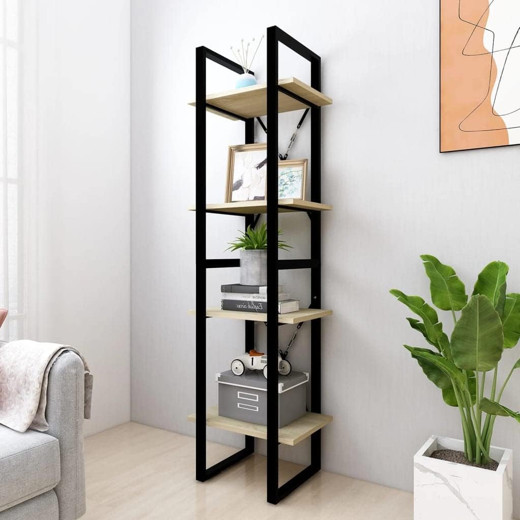 4-Tier Book Cabinet, Industrial Open Bookshelf with Sonoma Oak Shelves and Black Metal Frame, Modern Storage Display Rack for Living Room and Office, 55.1 Inches Tall