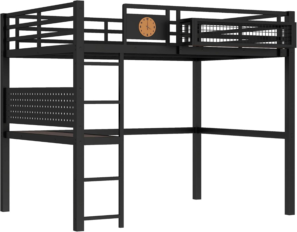 Bellemave Full Size Metal Loft Bed with Desk and Side Clock,Heavy Duty Loft Bed Frame with Charging Station and Pegboard for Kids,Teens,Adults,Full Size,Black