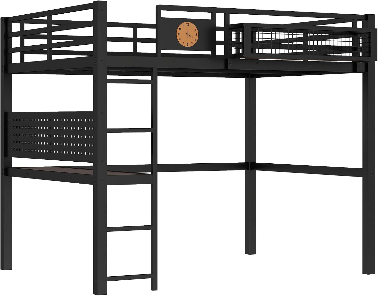Bellemave Full Size Metal Loft Bed with Desk and Side Clock,Heavy Duty Loft Bed Frame with Charging Station and Pegboard for Kids,Teens,Adults,Full Size,Black