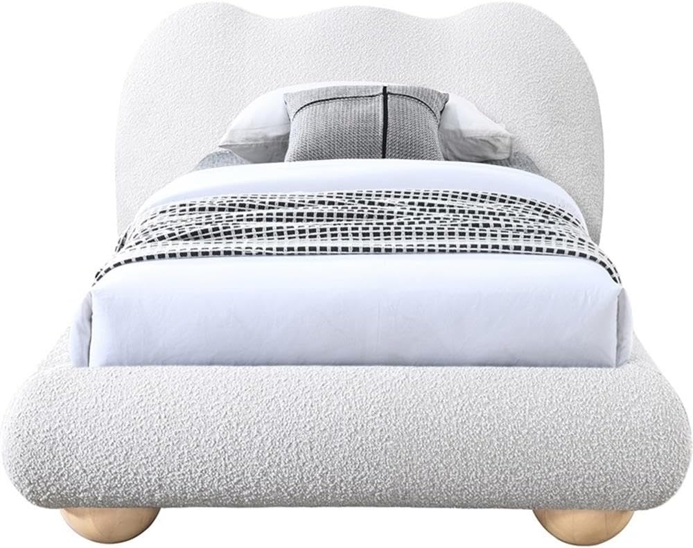 Meridian Furniture HydeCream-T Hyde Collection Modern | Contemporary Twin Bed with Rich Cream Boucle Fabric, Both Natural and Black Finish Solid Wood Legs, 54.5' W x 85.5' D x 35.75' H, Cream, Twin