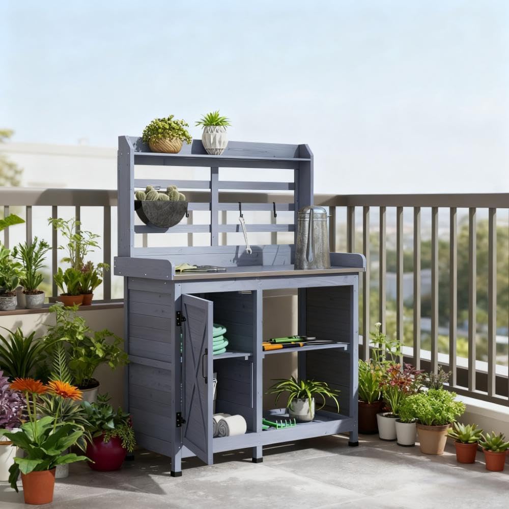 Easy to Clean Wooden Potting Bench with Storage,Sink,Water Tap,for Backyard,Patio,Balcony