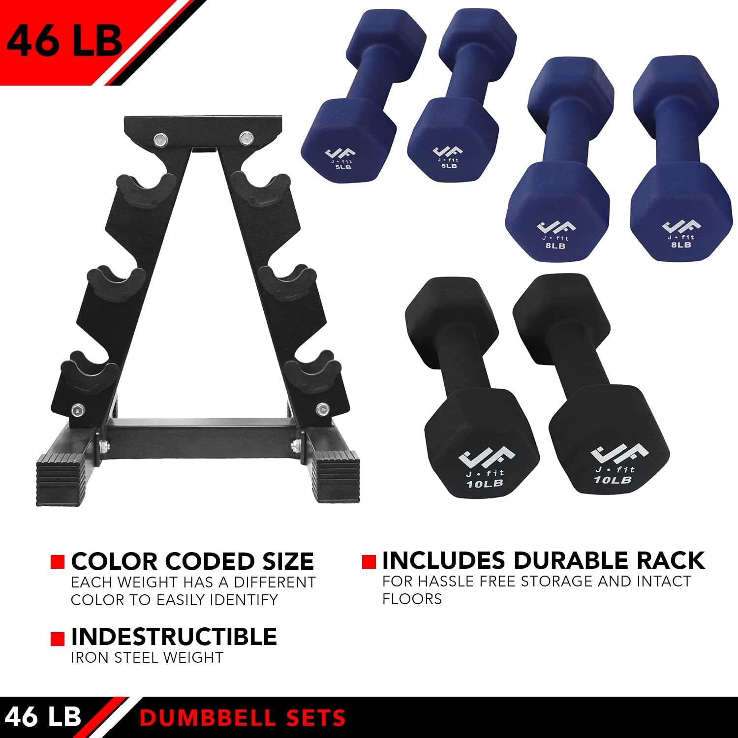 JFIT Dumbbell Pairs or Sets – Neoprene & Vinyl Coated Hand Weights for Home Gym, Strength Training, Aerobics, Cardio Exercise and Fitness