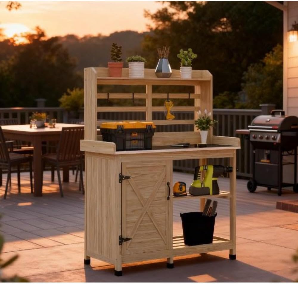 Premium Wooden Potting Bench with Built-in Sink, Adjustable Shelf, Tool Hooks, and Ample Storage for Gardeners (Natural Wood + Wood)