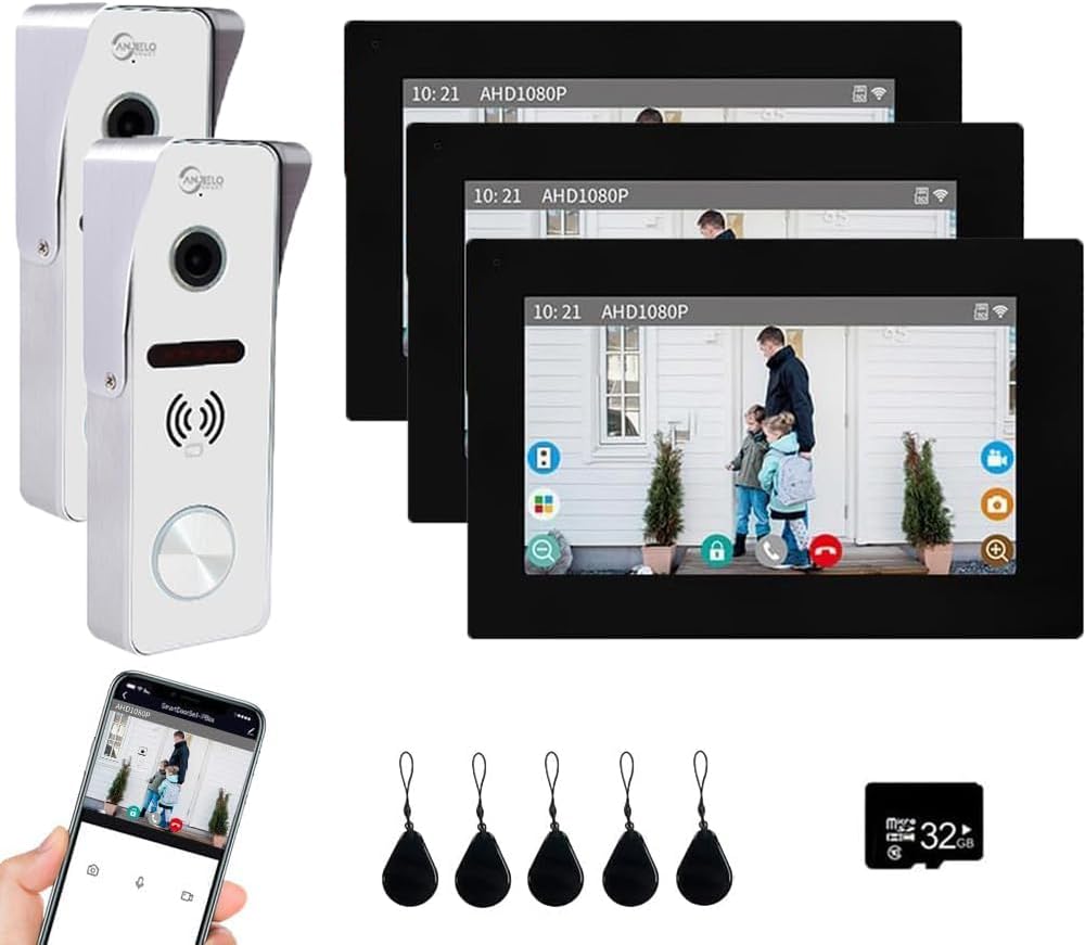 Wired Video Doorbell Apartment Intercom,7 inch Touch Screen Monitor 1080P Door Bell Camera TUYA Smart Home Door Phone Kits,3 in 1 Unlock RFID Card for Home Villa,32G (2 doorbell+3 Monitor)