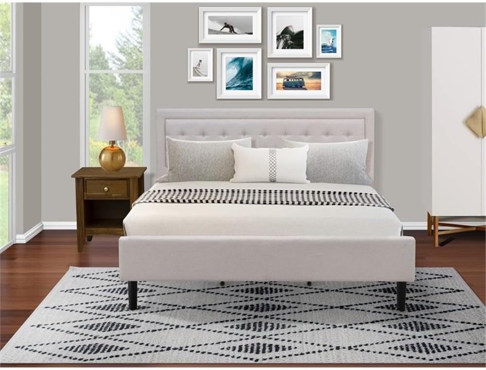 East West Furniture FN08K-1GA08 2-Piece Fannin King Size Bed Set with 1 Modern Bed and 1 Wood Nightstand - Reliable and Sturdy Construction - Mist Beige Linen Fabric