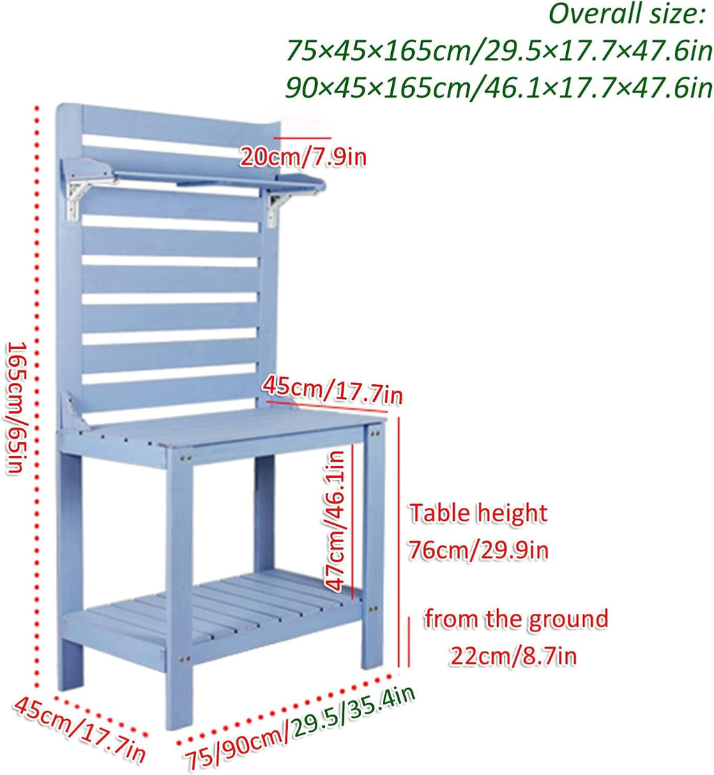Potting Bench Garden Table for Outdoors Solid Wooden Work Station Gardening Bench Potting Table with Hooks (Color : Blue, Size : 90x45x165cm)