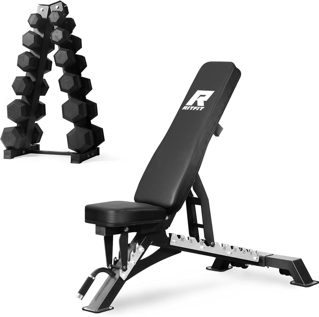 RitFit Rubber Coated Hex Dumbbell Set with Rack, 5-780LB for Home Gym Strength Training, Anti-Slip Knurled Handle, Hexagon Anti-Roll, Heavy-Duty Storage Rack