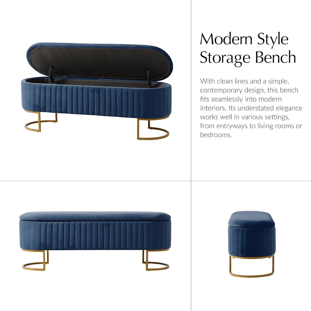 EcoHarbor Living 50.5' Velvet Bedroom Storage Bench Ottoman, Upholstered End of Bed Bench with Gold Legs, Flipping Lid Entryway Footrest Seat, Navy
