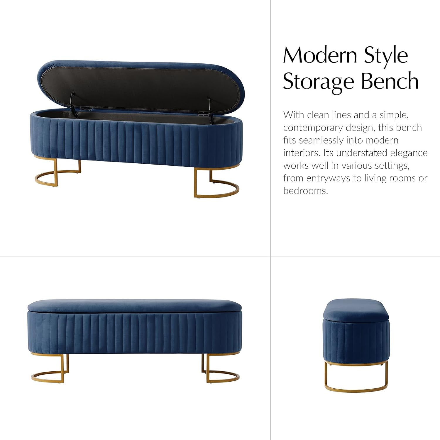 EcoHarbor Living 50.5' Velvet Bedroom Storage Bench Ottoman, Upholstered End of Bed Bench with Gold Legs, Flipping Lid Entryway Footrest Seat, Navy