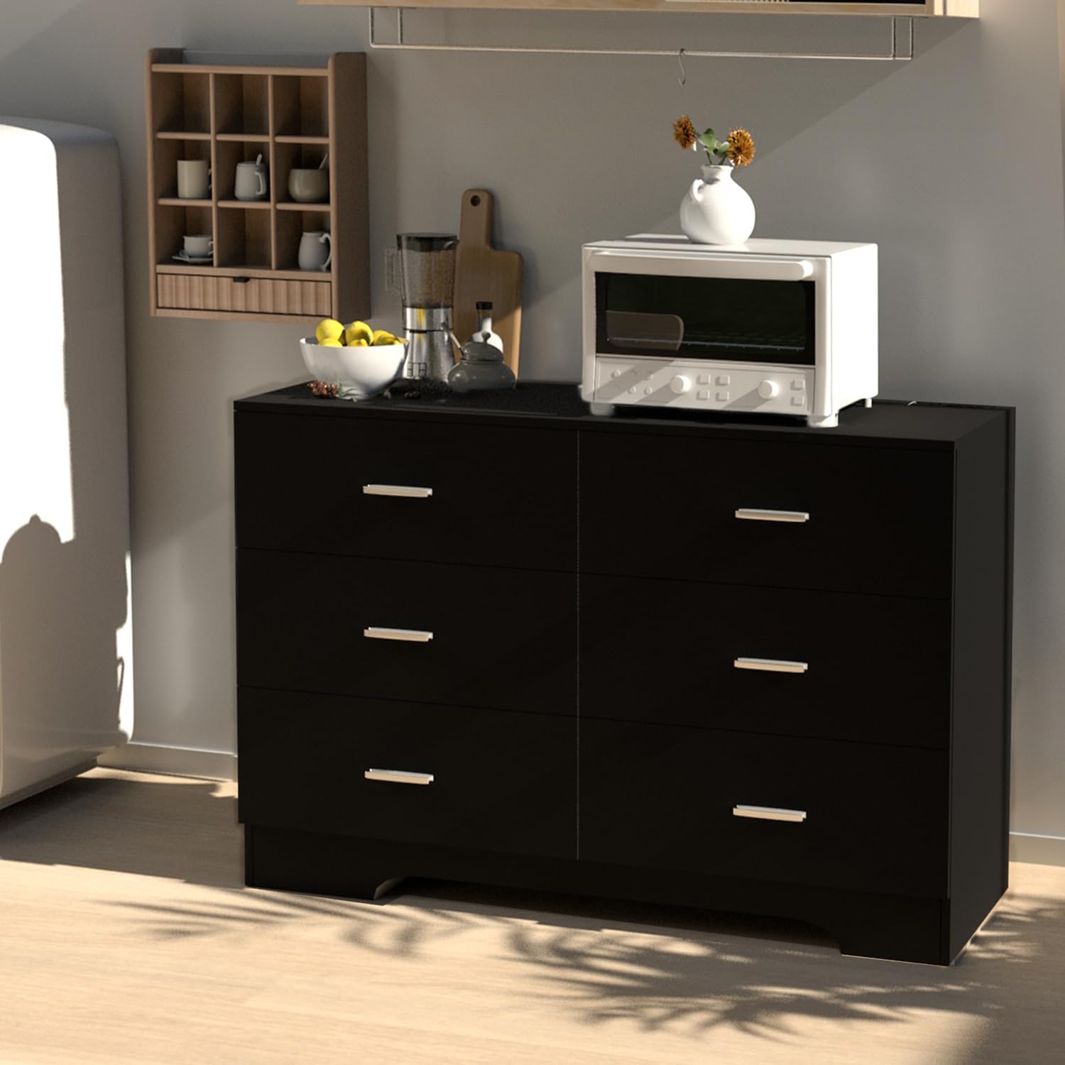 FJTJBSI Dresser with Power Outlets Wooden 6 Drawer Dresser with USB and Type C Port Chest of Drawers for Bedroom Tall Black Organizer Storage for Living Room Hallway Closet