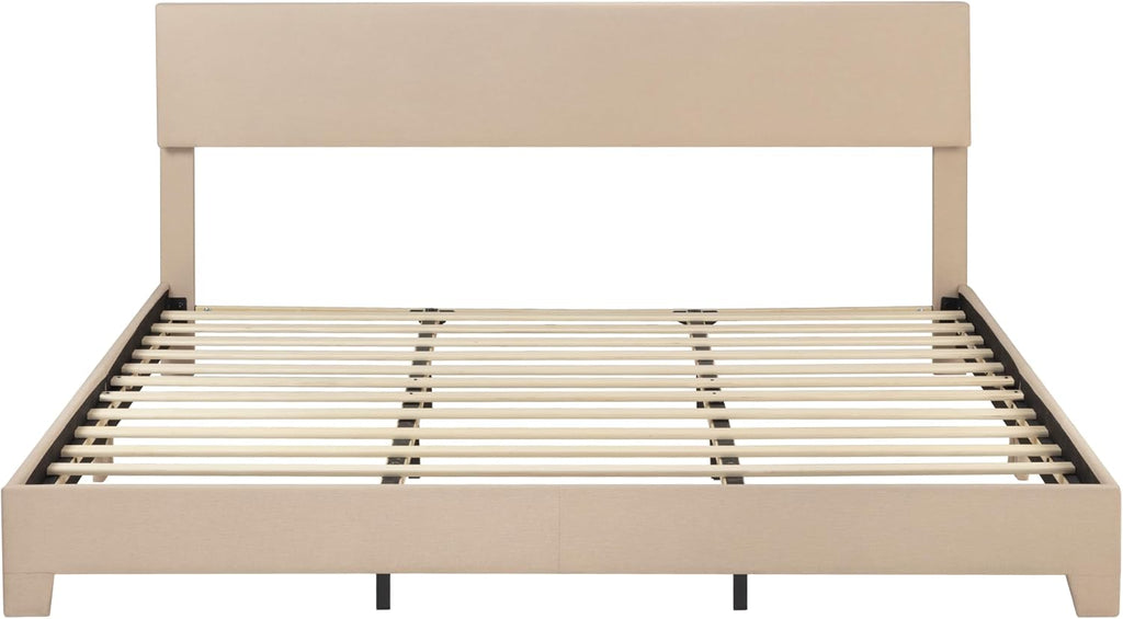 SHA CERLIN Upholstered King Size Bed Frame with Adjustable Headboard, Stable Mattress Foundation, Strong Back-Support, No Box Spring Needed, Beige