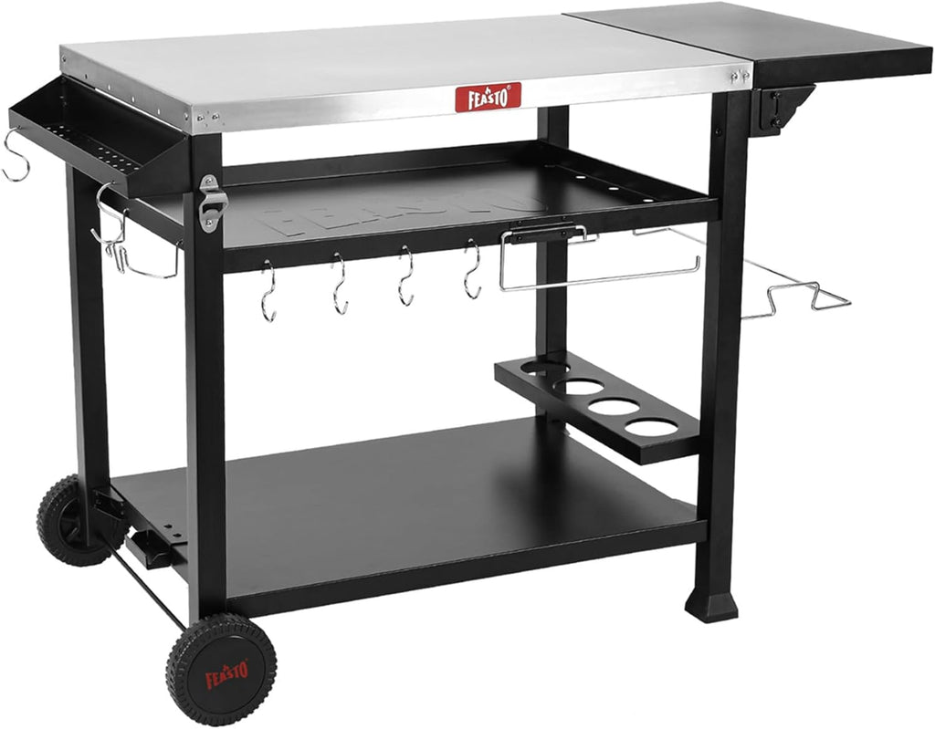 Feasto 40x26 Outdoor Grill Cart, Stainless Steel Tabletop, 3-Shelf Rolling | Pizza Oven Table, Pizza Oven Stand, BBQ Grill with Wheels for Food Prep, Outdoor & Indoor, Dining, Kitchen Cart Table