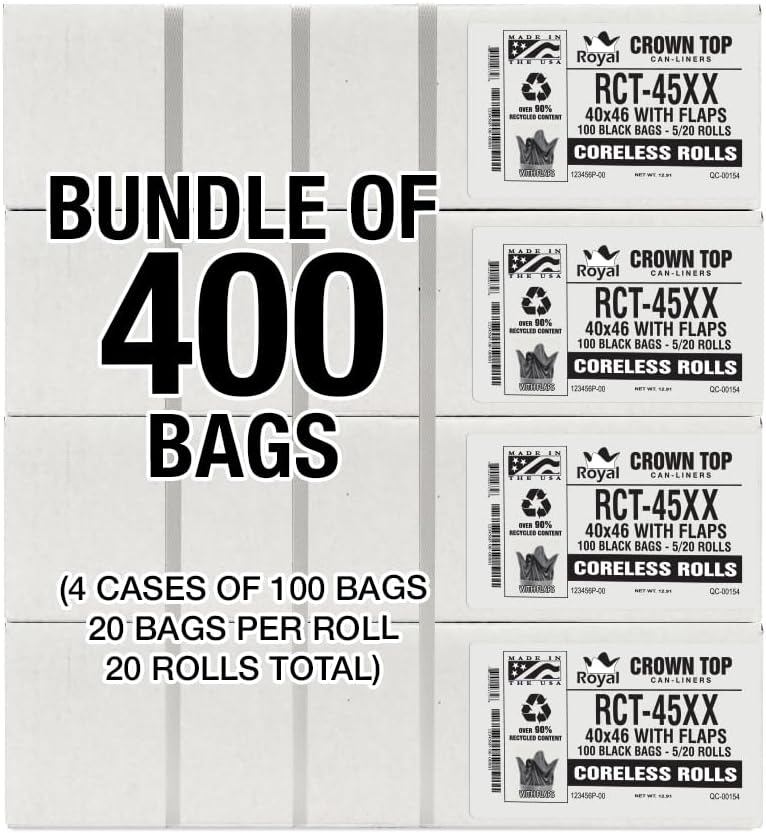 Aluf Plastics RCT-45XX Star Sealed Coreless Rolls with E-Z Tie Flap Closure, 45 gal, Polyethylene, 40' x 46', Black (Pack of 400)