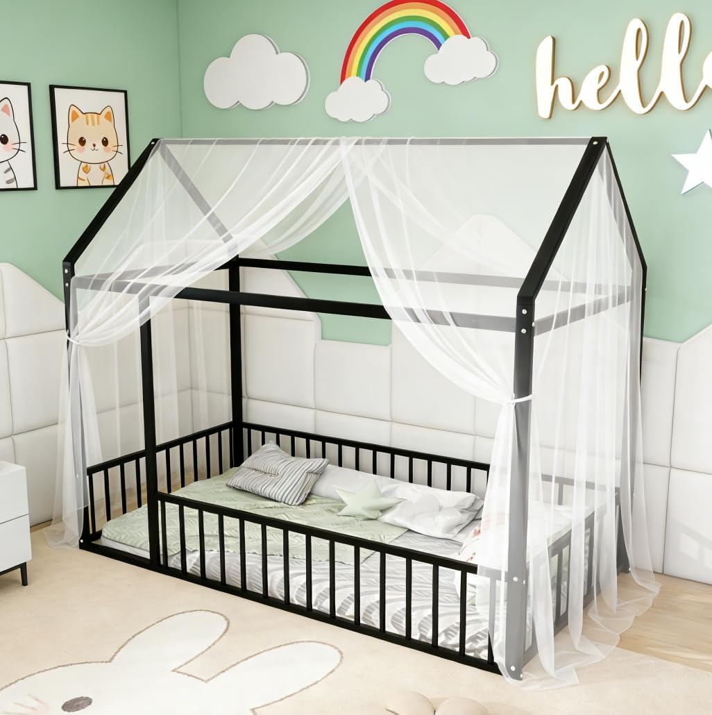 Bellemave Twin Size House Floor Montessori Bedframe with Rails and roof, Metal House Bed for Kids, Montessori Floor Beds for Kids, Black