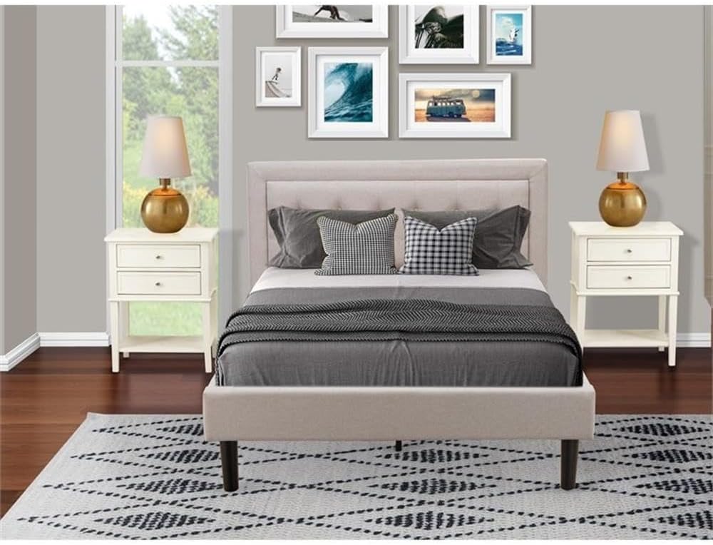 East West Furniture FN08K-2VL0C 3-Piece Platform Wooden Set for Bedroom with 1 King Size Bed and 2 Night Stands - Reliable and Durable Construction - Mist Beige Linen Fabric