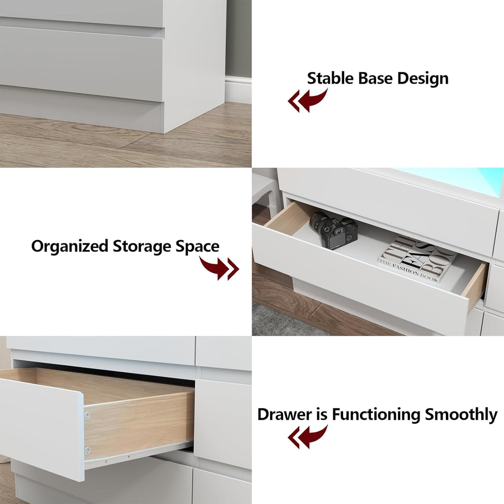 Loomie 6 Drawers Dresser, White Accent Chests of Drawers with Power Outlet and LED Light for Bedroom Living Romm