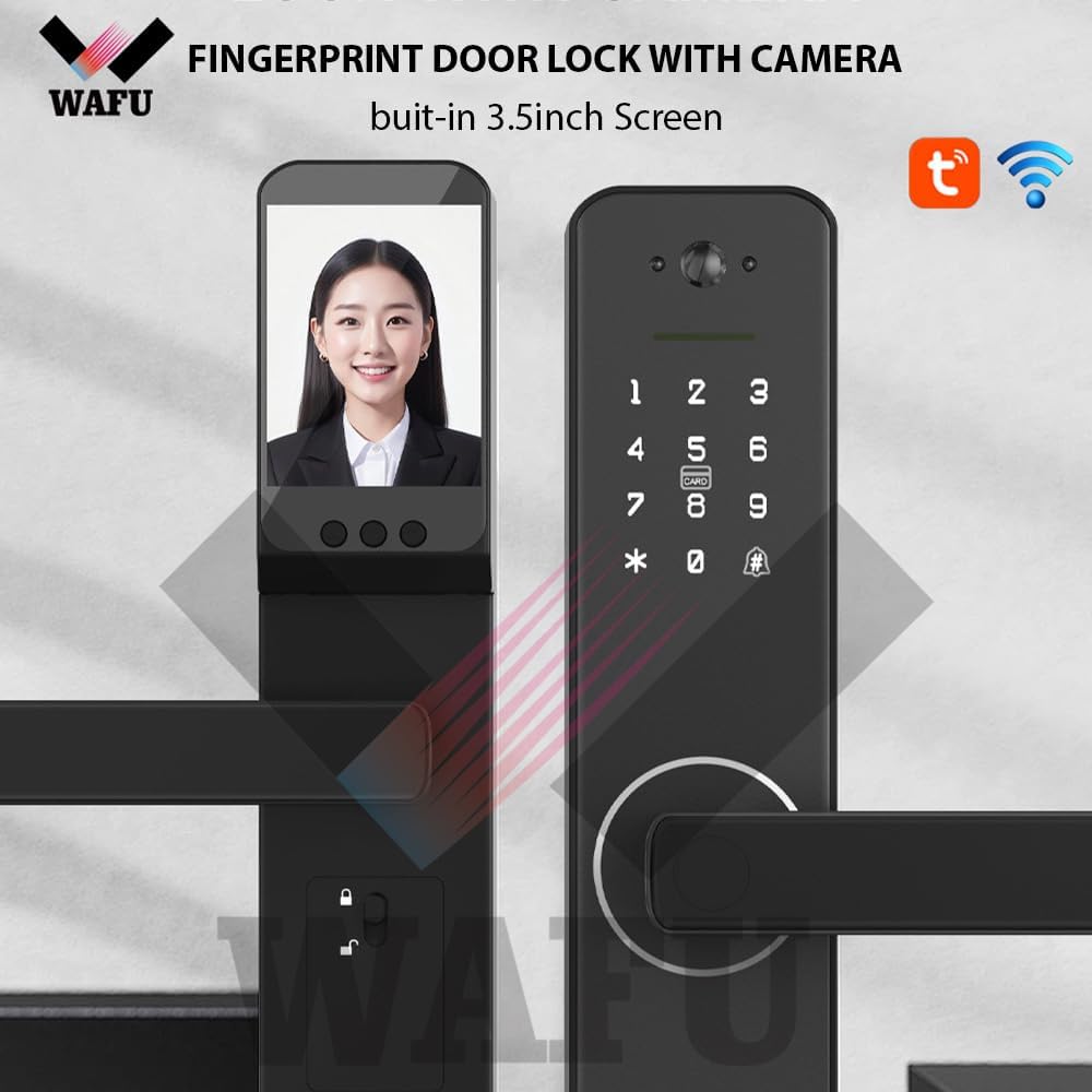 Smart Lock with 120° Wide-Angle Camera and Smart Doorbell Keyless Entry Door Lock Handle Aluminum Alloy Biometric Door Lock TY App Remote Operation WiFi for 35-60mm Office Home Bedroom Door