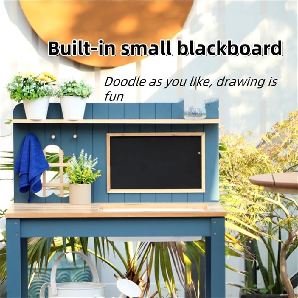 Solid Wood Potting Bench, 2 Tier Potting Table with Sink and Hooks, Outdoor Potting Bench for Garden, Yard, Balcony, Garden Table with Storage, Gardening Bench with Blackboard(Green)